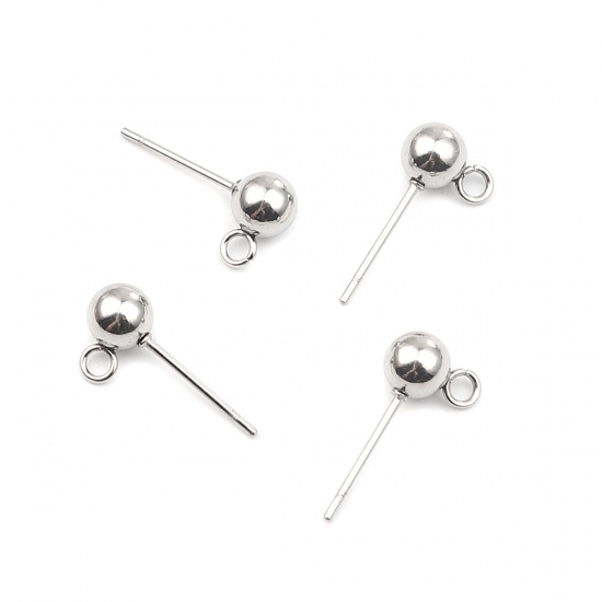 Immagine di Stainless Steel Ear Nuts Post Stopper Earring Findings Silver Tone Round W/ Loop 7mm x 4mm, Post/ Wire Size: (21 gauge), 10 PCs