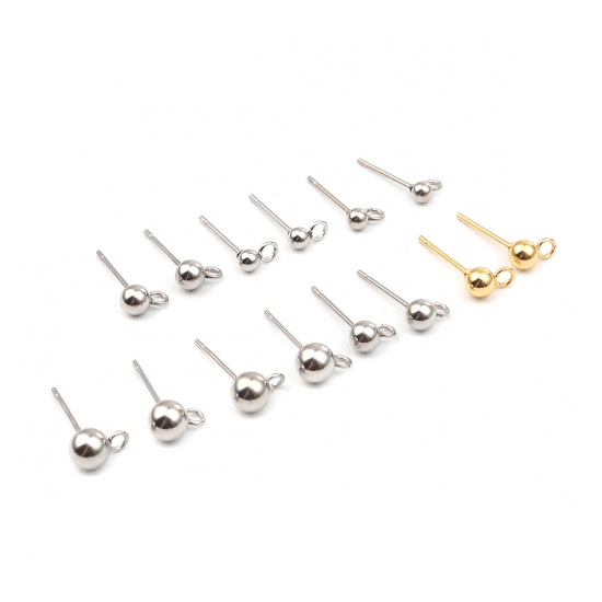 Immagine di Stainless Steel Ear Nuts Post Stopper Earring Findings Silver Tone Round W/ Loop 7mm x 4mm, Post/ Wire Size: (21 gauge), 10 PCs