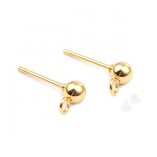 Immagine di 10 PCs Vacuum Plating Stainless Steel Ear Nuts Post Stopper Earring Findings Gold Plated Round With Loop 7mm x 4mm, Post/ Wire Size: (21 gauge)