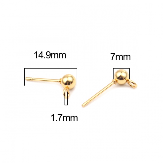 Picture of 10 PCs Vacuum Plating Stainless Steel Ear Nuts Post Stopper Earring Findings Gold Plated Round With Loop 7mm x 4mm, Post/ Wire Size: (21 gauge)