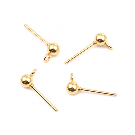 Picture of 10 PCs Vacuum Plating Stainless Steel Ear Nuts Post Stopper Earring Findings Gold Plated Round With Loop 7mm x 4mm, Post/ Wire Size: (21 gauge)