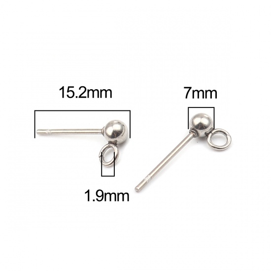 Picture of Stainless Steel Ear Nuts Post Stopper Earring Findings Silver Tone Round W/ Loop 7mm x 4mm, Post/ Wire Size: (21 gauge), 10 PCs