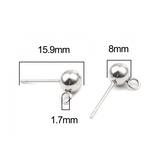Picture of 304 Stainless Steel Ear Nuts Post Stopper Earring Findings Round Silver Tone With Loop 8mm x 5mm, Post/ Wire Size: (21 gauge), 10 PCs