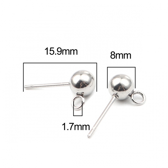 Picture of Stainless Steel Ear Nuts Post Stopper Earring Findings Silver Tone Round W/ Loop 8mm x 5mm, Post/ Wire Size: (21 gauge), 10 PCs