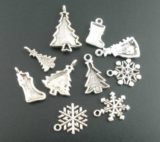 Picture of 40PCs Mixed Antique Silver Color Christmas-Themed Charms Pendants Findings