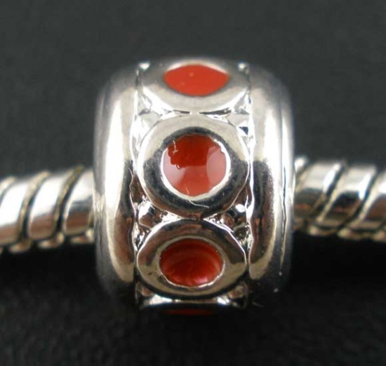 Picture of Zinc Metal Alloy European Style Large Hole Charm Beads Silver Tone Enamel 9x7mm, 25 PCs