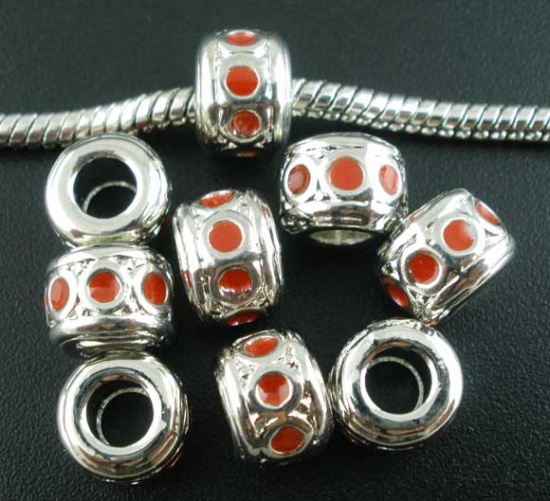 Picture of Zinc Metal Alloy European Style Large Hole Charm Beads Silver Tone Enamel 9x7mm, 25 PCs