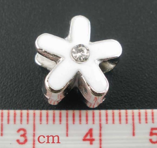 Immagine di Lega + Strass Stile Europeo Perline Fiore Bianco Tono Argento Bianco Strass Circa 12.0mm x 12.0mm, Foro: Circa 5.1mm, 10 Pz