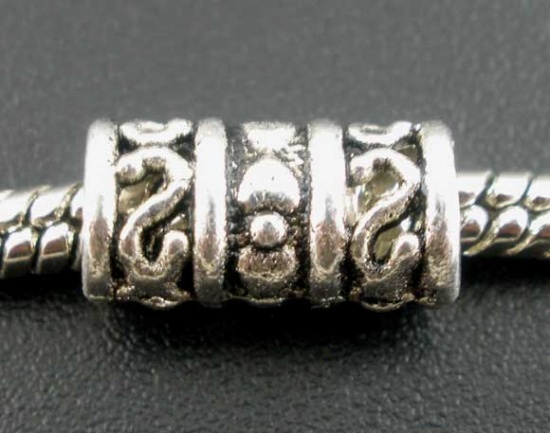 Picture of Zinc Based Alloy European Style Large Hole Charm Beads Antique Silver Color Cylinder 12mm x 6mm, Hole: Approx 4.8mm, 50 PCs