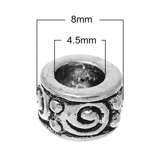 Immagine di Lega di Zinco Stile Europeo Perline Tondo Argento Antico Circa 8mm Dia, Foro: Circa 4.5mm, 50 Pz