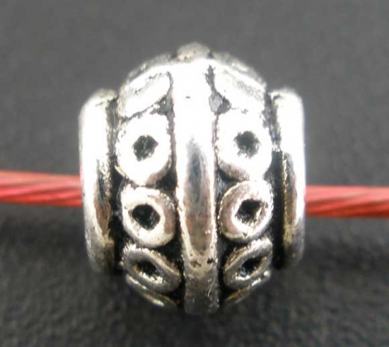 Bild von Zinklegierung Perlen Lampion Antiksilber Kreis Geschnitzt ca. 9mm D., Loch:ca. 4.1mm, 50 Stück