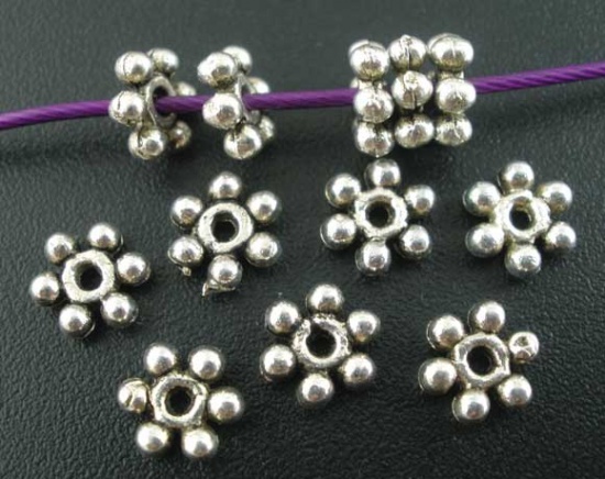 Picture of Zinc Based Alloy Spacer Beads Snowflake Flower Antique Silver Color About 6mm x 6mm, Hole:Approx 1.3mm, 200 PCs