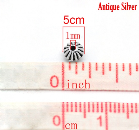 Immagine di Lega di Zinco Separatori Perline Doppio Cono Argento Antico Striscia Disegno Circa 5.0mm x 4.0mm, Foro:Circa 1.5mm, 200 Pz