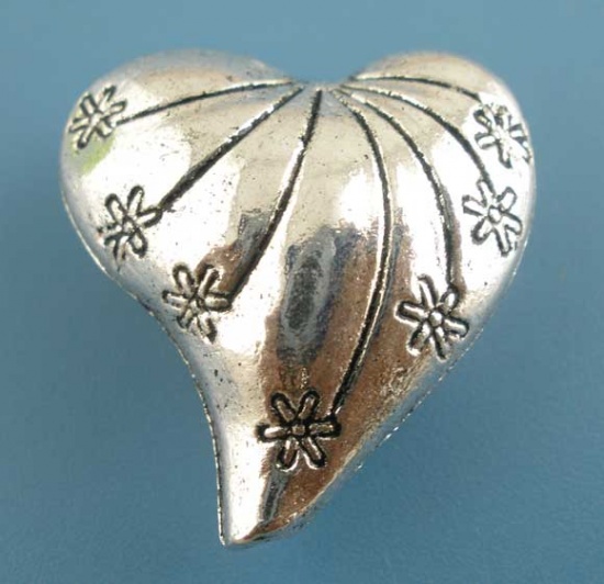 Picture of Zinc Based Alloy Spacer Beads Heart Antique Silver Color Flower Carved About 25mm x 24mm, Hole:Approx 1.9mm, 5 PCs