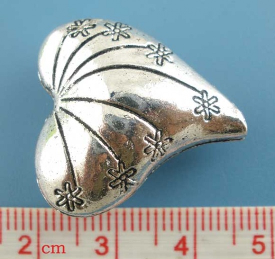 Picture of Zinc Based Alloy Spacer Beads Heart Antique Silver Color Flower Carved About 25mm x 24mm, Hole:Approx 1.9mm, 5 PCs