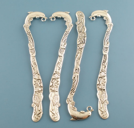 Picture of Zinc Based Alloy Bookmark Dolphin Animal Antique Silver Color With Loop Carved Pattern 12.4cm, 4 PCs