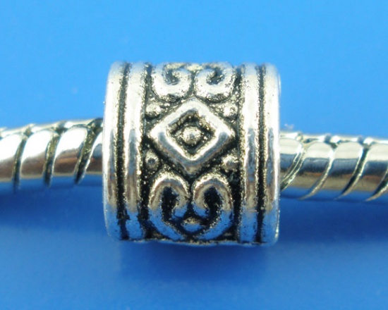 Picture of Zinc Metal Alloy European Style Large Hole Charm Beads Cylinder Antique Silver Pattern About 7mm x 7mm, Hole: Approx 4.5mm, 50 PCs