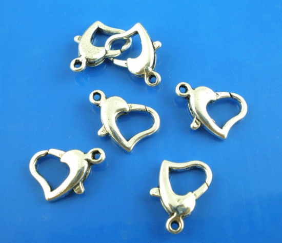 Picture of Zinc Based Alloy Lobster Clasp Findings Heart Antique Silver Color Dot Pattern 14mm x 9mm, 20 PCs