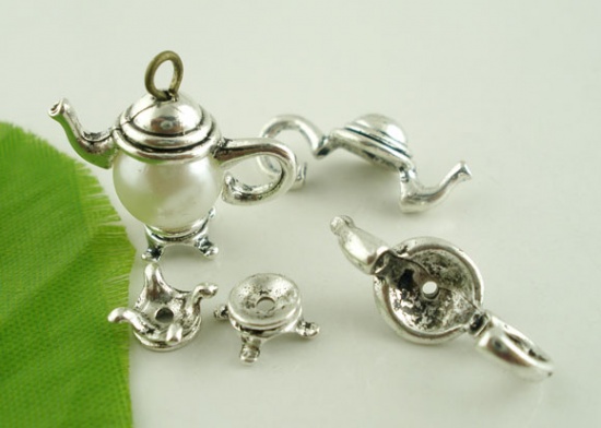 Picture of Zinc Based Alloy Beads Caps Teapot Antique Silver Color (Fit Beads Size: 10mm Dia.) 21mmx9mm 7mmx3mm, 10 Sets