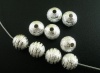 Picture of Brass Spacer Beads Ball Silver Plated Stripe Carved Sparkledust About 8mm( 3/8") Dia, Hole: Approx 1.9mm, 80 PCs                                                                                                                                              