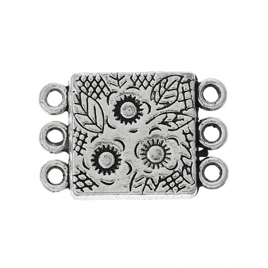 Picture of Zinc Based Alloy Magnetic Clasps Rectangle Antique Silver Flower Carved 19mm x 12mm, 10 Sets