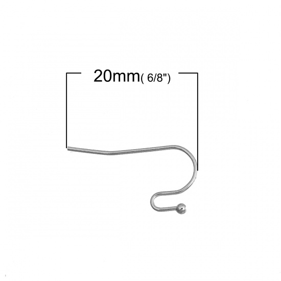 Picture of Brass Ear Wire Hooks Earring Findings Silver Tone 20mm( 6/8") x 12mm( 4/8"), Post/ Wire Size: (21 gauge), 200 PCs                                                                                                                                             