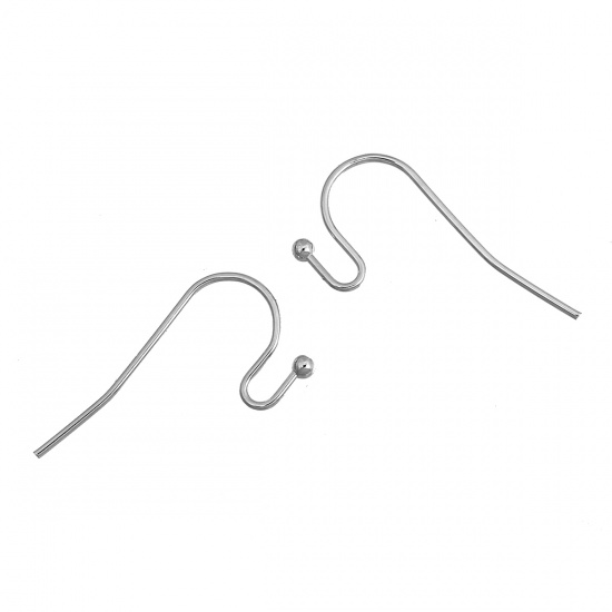 Picture of Brass Ear Wire Hooks Earring Findings Silver Tone 20mm( 6/8") x 12mm( 4/8"), Post/ Wire Size: (21 gauge), 200 PCs                                                                                                                                             