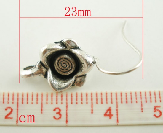 Picture of Brass Ear Wire Hooks Earring Findings Antique Silver Color Flower W/ Loop 23.4mm( 7/8") x 10.5mm( 3/8"), Post/ Wire Size: (22 gauge), 20 PCs