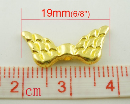 亜鉛合金 スペーサ ビーズ 天使の翼 ゴールドメッキ 約19mm x9mm、穴：約1.5mm、50 個 の画像