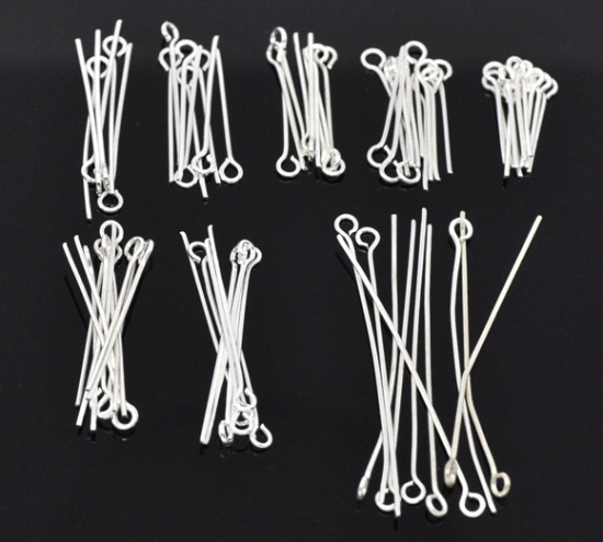 Picture of Iron Based Alloy Eye Pins Silver Plated Mixed 5cm(2") long - 1.6cm( 5/8") long, 0.7mm(21 gauge), 1 Packet(800 PCs)