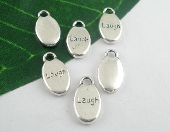 Immagine di Lega di Zinco Charm Ciondoli Ovale Argento Antico Lettere Disegno Messaggio Laugh Intagliato 15.0mm x 9.0mm, 50 Pz