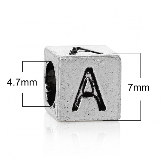 Picture of Zinc Metal Alloy European Style Large Hole Charm Beads Cube Antique Silver Alphabet/Letter "A" Carved About 7mm x 7mm, Hole: Approx 4.7mm, 20 PCs
