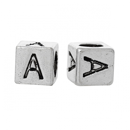 Picture of Zinc Metal Alloy European Style Large Hole Charm Beads Cube Antique Silver Alphabet/Letter "A" Carved About 7mm x 7mm, Hole: Approx 4.7mm, 20 PCs