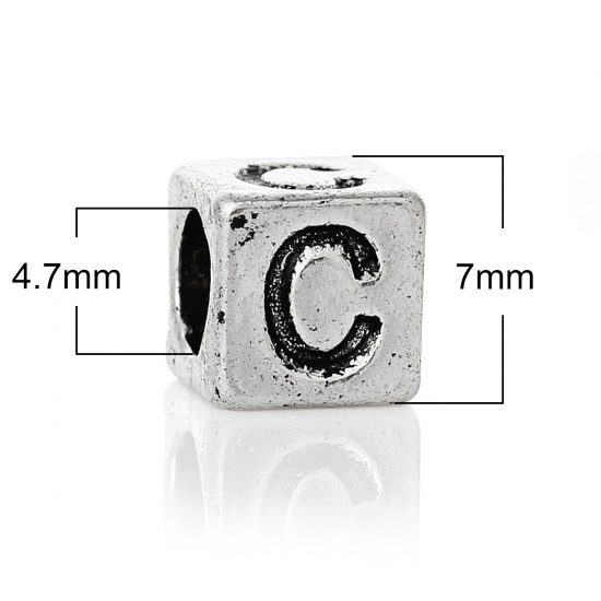 Picture of Zinc Metal Alloy European Style Large Hole Charm Beads Cube Antique Silver Alphabet/Letter "C" Carved About 7mm x 7mm, Hole: Approx 4.7mm, 20 PCs