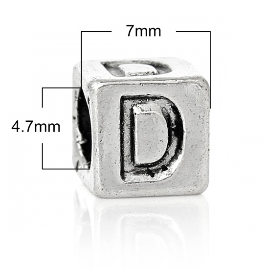 Picture of Zinc Metal Alloy European Style Large Hole Charm Beads Cube Antique Silver Alphabet/Letter "D" Carved About 7mm x 7mm, Hole: Approx 4.7mm, 20 PCs