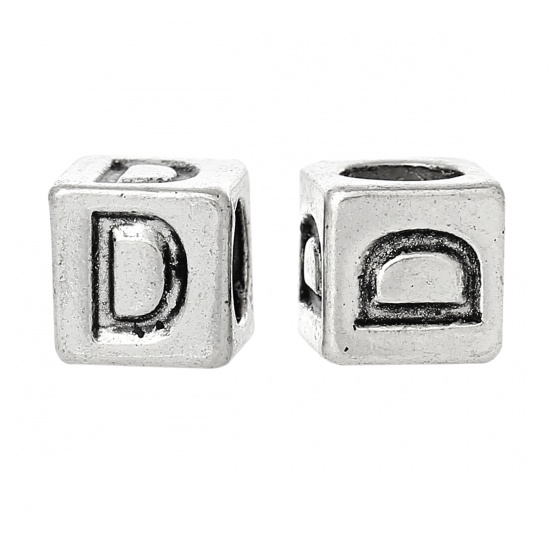Picture of Zinc Metal Alloy European Style Large Hole Charm Beads Cube Antique Silver Alphabet/Letter "D" Carved About 7mm x 7mm, Hole: Approx 4.7mm, 20 PCs