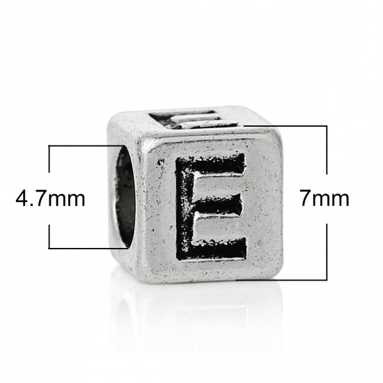 Picture of Zinc Metal Alloy European Style Large Hole Charm Beads Cube Antique Silver Alphabet/Letter "E" Carved About 7mm x 7mm, Hole: Approx 4.7mm, 20 PCs
