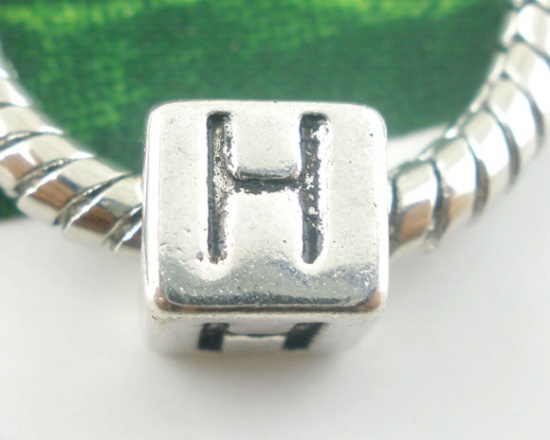 Bild von Zinklegierung European Stil Charm Großlochperlen Antik Silber Würfel Buchstaben "H" 7mmx7mm Loch:Ca 4.7mm, 20 Stücke