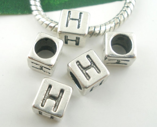 Picture of Zinc Metal Alloy European Style Large Hole Charm Beads Cube Antique Silver Alphabet/Letter "H" Carved About 7mm x 7mm, Hole: Approx 4.7mm, 20 PCs
