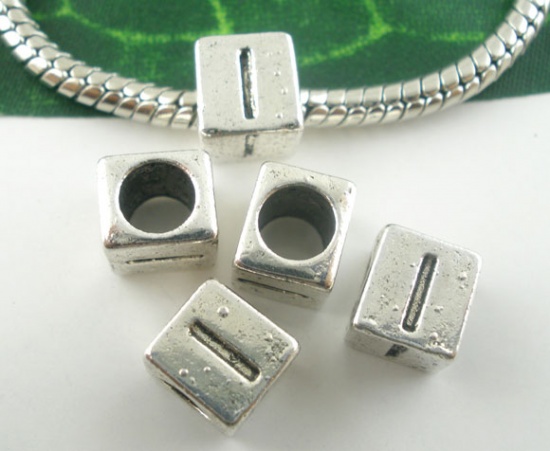 Picture of Zinc Metal Alloy European Style Large Hole Charm Beads Cube Antique Silver Alphabet/Letter "I" Carved About 7mm x 7mm, Hole: Approx 4.7mm, 20 PCs