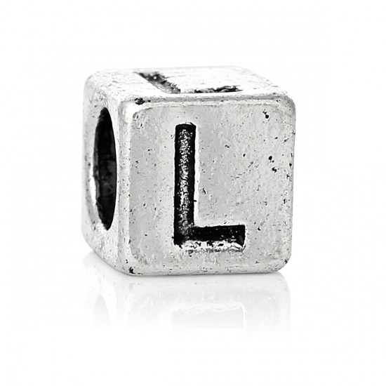 Picture of Zinc Based Alloy European Style European Style Beads Cube Word Message Message " L " Color Plated About 7mm x 7mm, Hole: Approx 4.7mm, 20 PCs