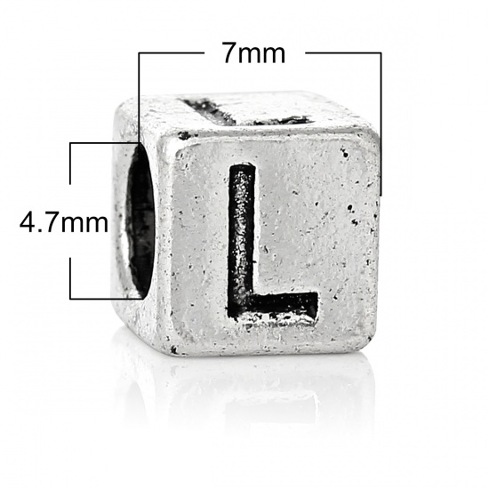Picture of Zinc Metal Alloy European Style Large Hole Charm Beads Cube Antique Silver Alphabet/Letter "L" Carved About 7mm x 7mm, Hole: Approx 4.7mm, 20 PCs