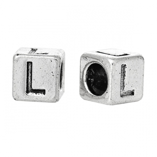 Picture of Zinc Based Alloy European Style European Style Beads Cube Word Message Message " L " Color Plated About 7mm x 7mm, Hole: Approx 4.7mm, 20 PCs