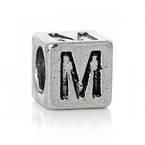 Bild von Zinklegierung European Stil Charm Großlochperlen Antik Silber Würfel Buchstaben "M" 7mmx7mm Loch:Ca 4.7mm, 20 Stücke