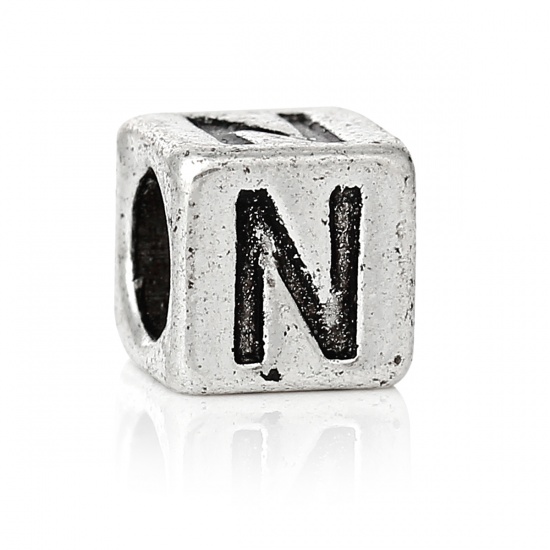 Bild von Zinklegierung European Stil Charm Großlochperlen Antik Silber Würfel Buchstaben "N" 7mmx7mm Loch:Ca 4.7mm, 20 Stücke