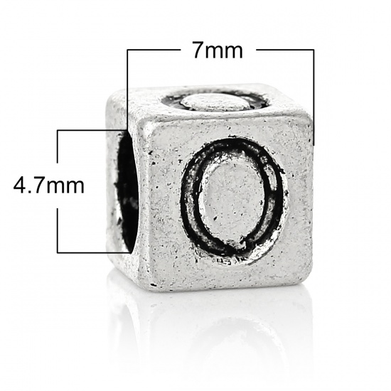 Picture of Zinc Metal Alloy European Style Large Hole Charm Beads Cube Antique Silver Alphabet/Letter "O" Carved About 7mm x 7mm, Hole: Approx 4.7mm, 20 PCs