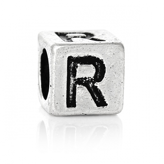 Picture of Zinc Metal Alloy European Style Large Hole Charm Beads Cube Antique Silver Alphabet/Letter "R" Carved About 7mm x 7mm, Hole: Approx 4.7mm, 20 PCs