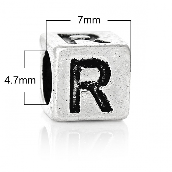 Picture of Zinc Metal Alloy European Style Large Hole Charm Beads Cube Antique Silver Alphabet/Letter "R" Carved About 7mm x 7mm, Hole: Approx 4.7mm, 20 PCs