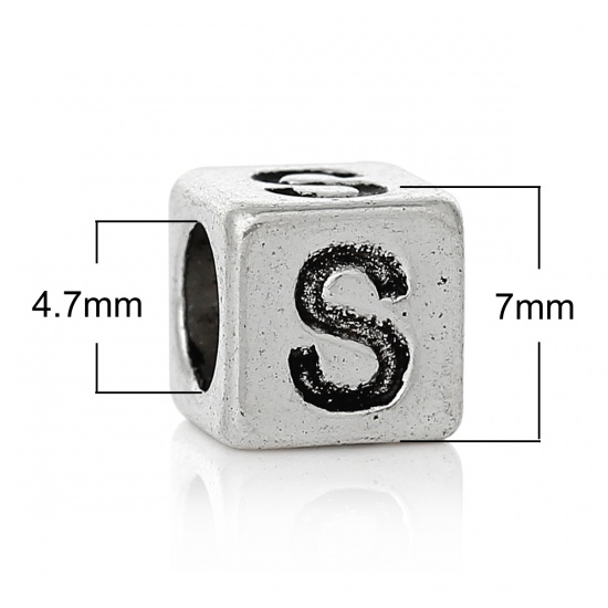 Picture of Zinc Metal Alloy European Style Large Hole Charm Beads Cube Antique Silver Alphabet/Letter "S" Carved About 7mm x 7mm, Hole: Approx 4.7mm, 20 PCs