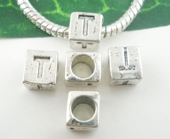 Picture of Zinc Metal Alloy European Style Large Hole Charm Beads Cube Antique Silver Alphabet/Letter "T" Carved About 7mm x 7mm, Hole: Approx 4.7mm, 20 PCs